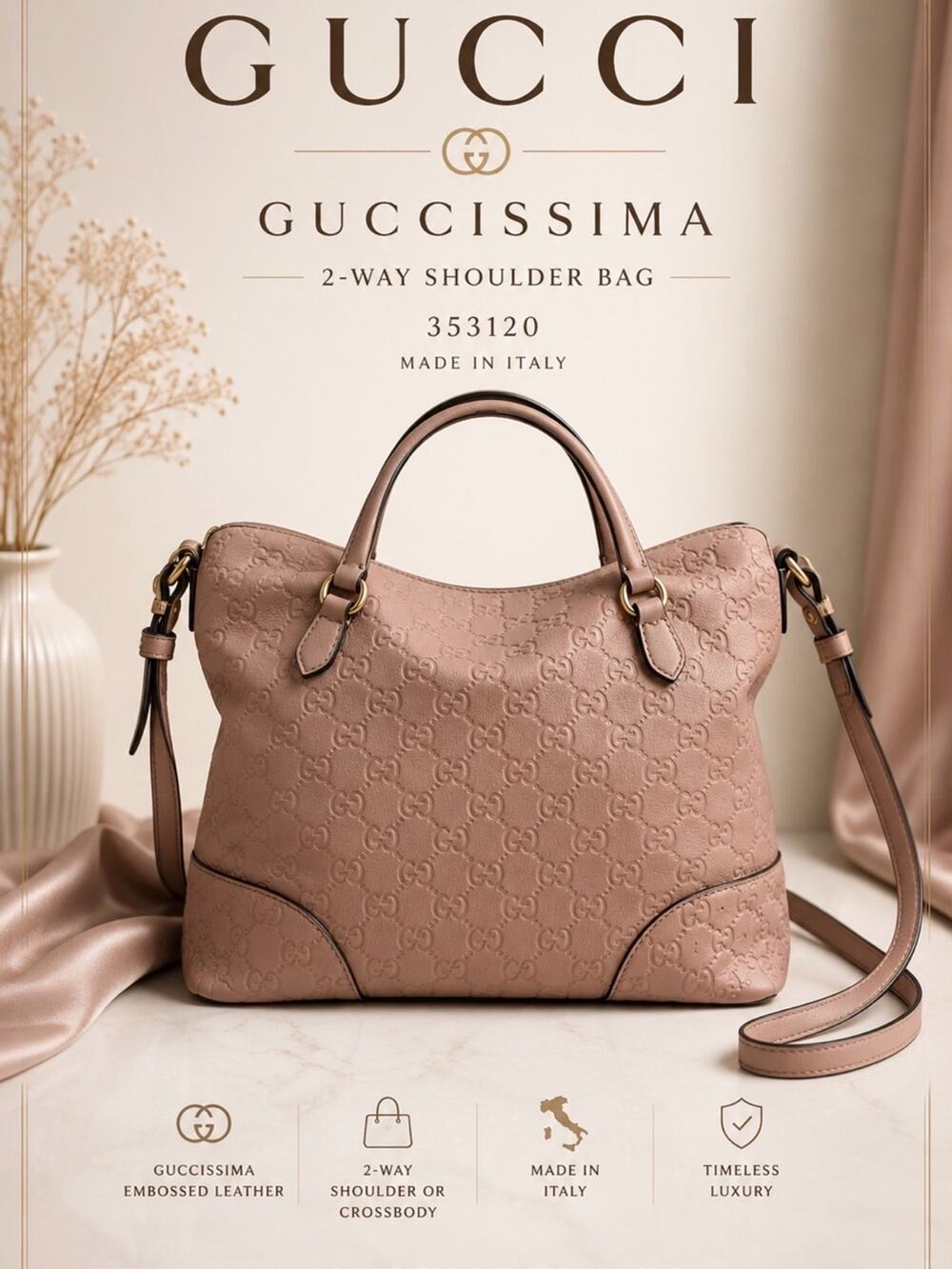 GUCCI Guccissima Bree Medium Foldover Tote Pink Leather 2-Way Crossbody Bag